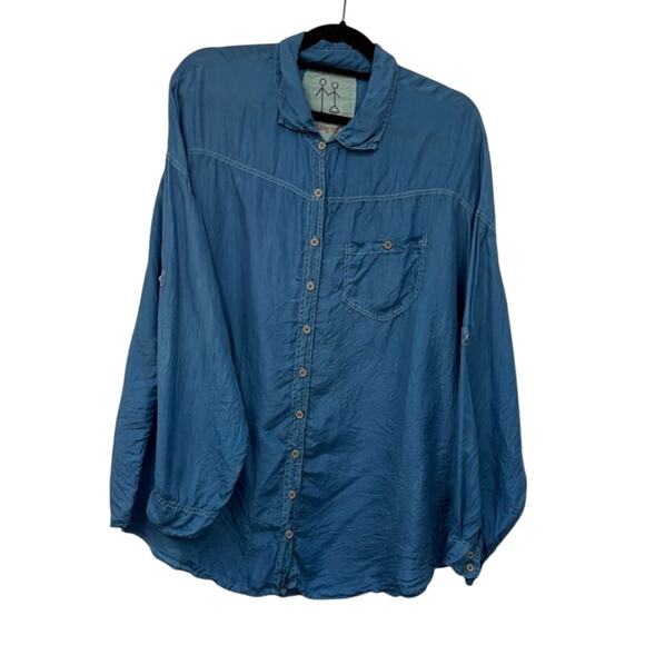 Johnny Was Pet & Greta Silk Top Size Large Button Up Blouse Blue Long Line Light - Picture 1 of 9